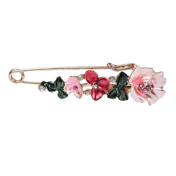 Vintage Style Enamel Floral Safety Pin Brooch – Pink & Red Flowers with... - Picture 3 of 4